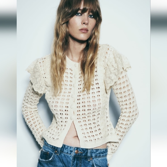 BNWT! Zara ruffled pointelle knit cardigan - Picture 5 of 9